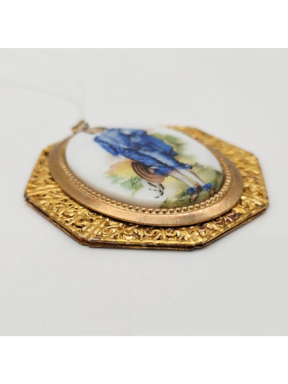 Vintage Gold-Tone Frame Pendant With Blue Boy Porcelain Cameo Oval Design 2" - Picture 3 of 6